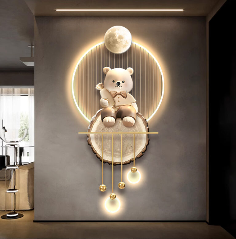 Illuminated wall art with a teddy bear and moon design, featuring modern and luxury home decor elements.