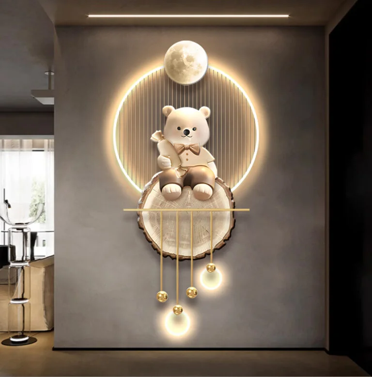 Illuminated wall art with a teddy bear and moon design, featuring modern and luxury home decor elements.