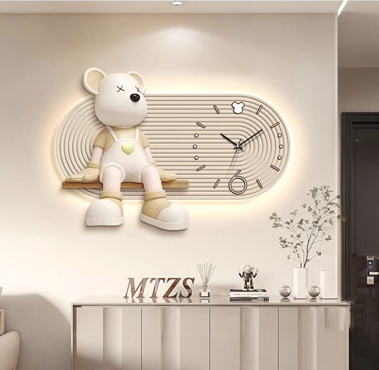Modern illuminated wall art with bear sculpture and clock in a luxury living room.