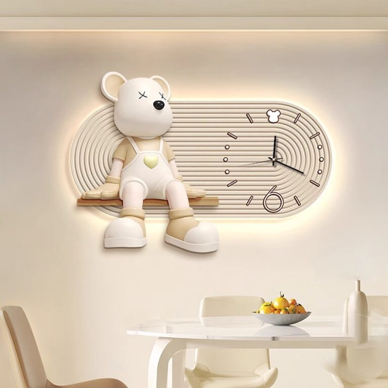 Modern illuminated wall art with bear sculpture and clock, perfect for luxury home decor.