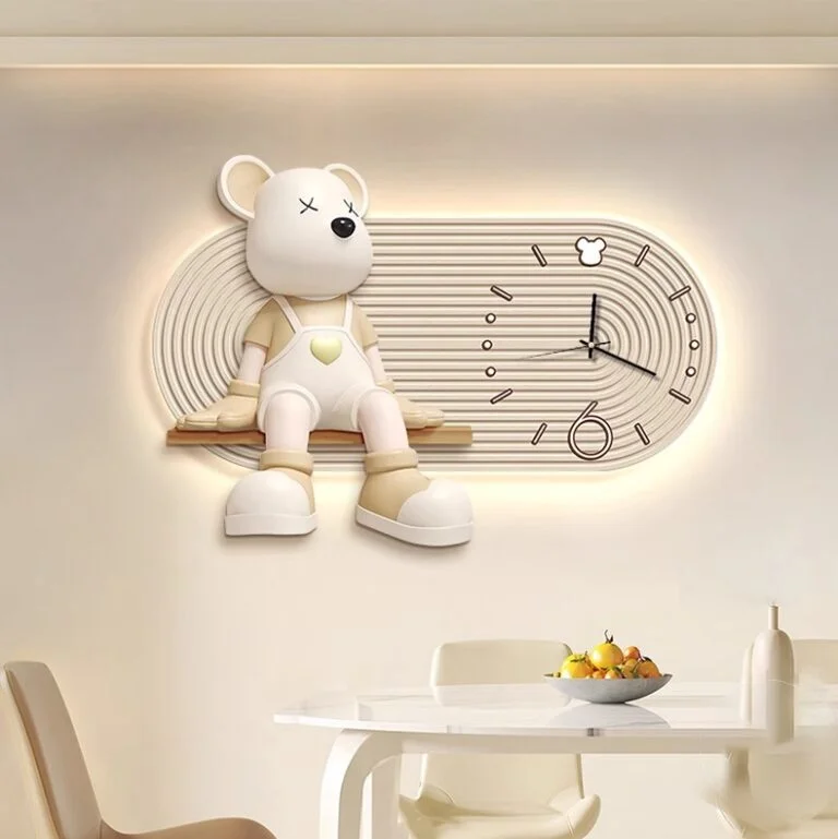 Modern illuminated wall art with bear sculpture and clock, perfect for luxury home decor.