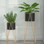 Modern gold and black indoor planters with green plants for luxury home decor.