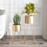 Modern gold indoor planters with green plants in a stylish living room setting.