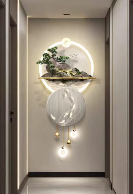 Modern illuminated wall art with circular design and nature elements in a hallway.
