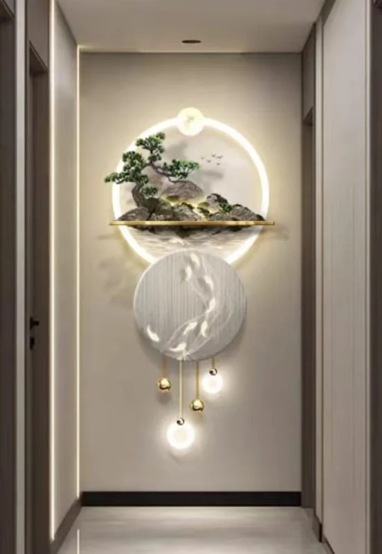 Modern illuminated wall art with circular design and nature elements in a hallway.