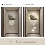 Modern LED wall art with acrylic ball and metal rod, featuring a pine stone design in a hallway setting.