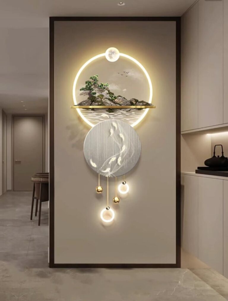 Modern illuminated wall art with circular design and LED lighting in a luxury home setting.