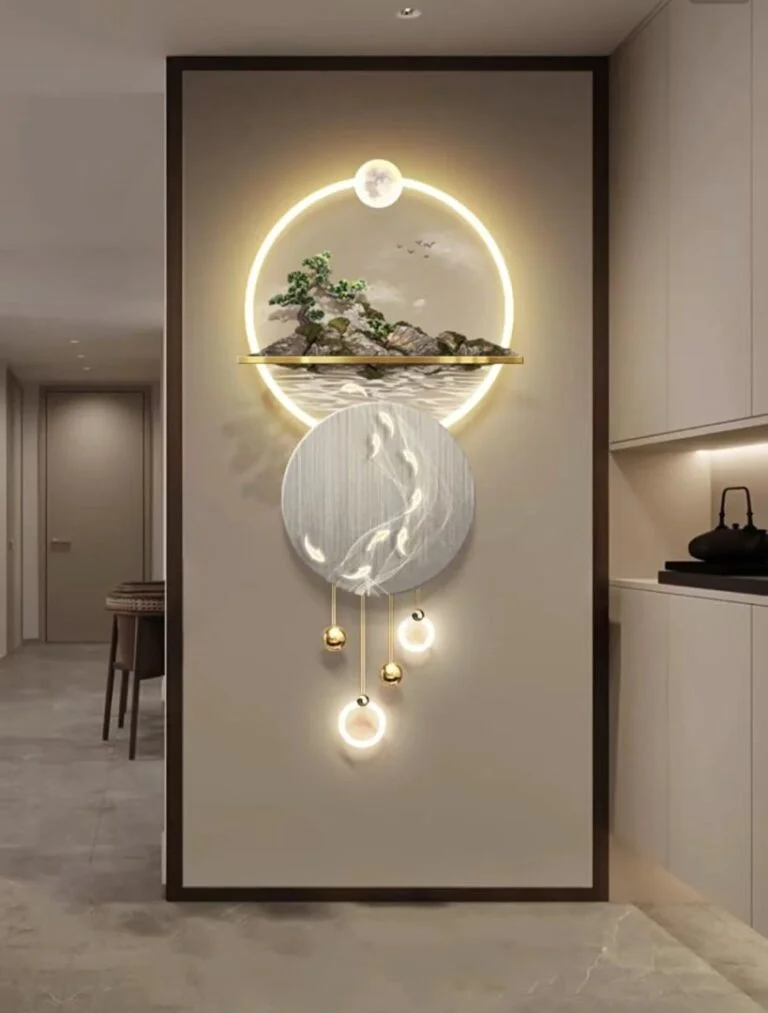 Modern illuminated wall art with circular design and LED lighting in a luxury home setting.