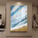 Modern luxury wall art with abstract design in a gold frame, enhancing home decor.
