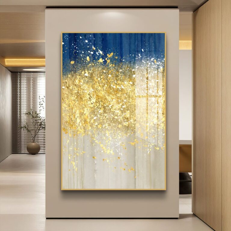 Modern luxury wall art with gold and blue abstract design in a sleek hallway.