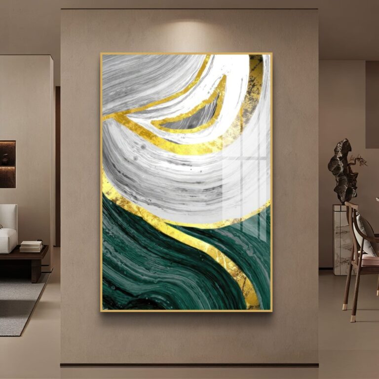 Modern abstract wall art with gold, green, and white swirls in a luxurious living room setting.