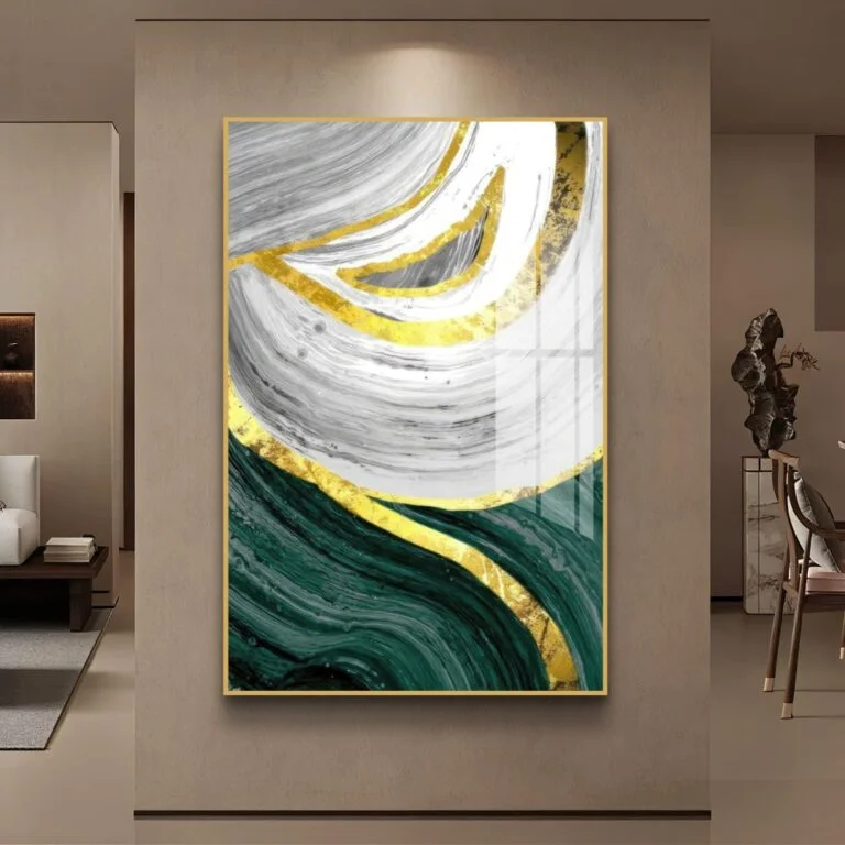 Modern abstract wall art with gold, green, and white swirls in a luxurious living room setting.