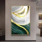 Modern luxury wall art with abstract design in gold, green, and white tones, framed in aluminium.