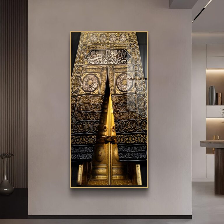 Luxury Islamic wall art featuring Kaaba with Arabic calligraphy in a modern living room.