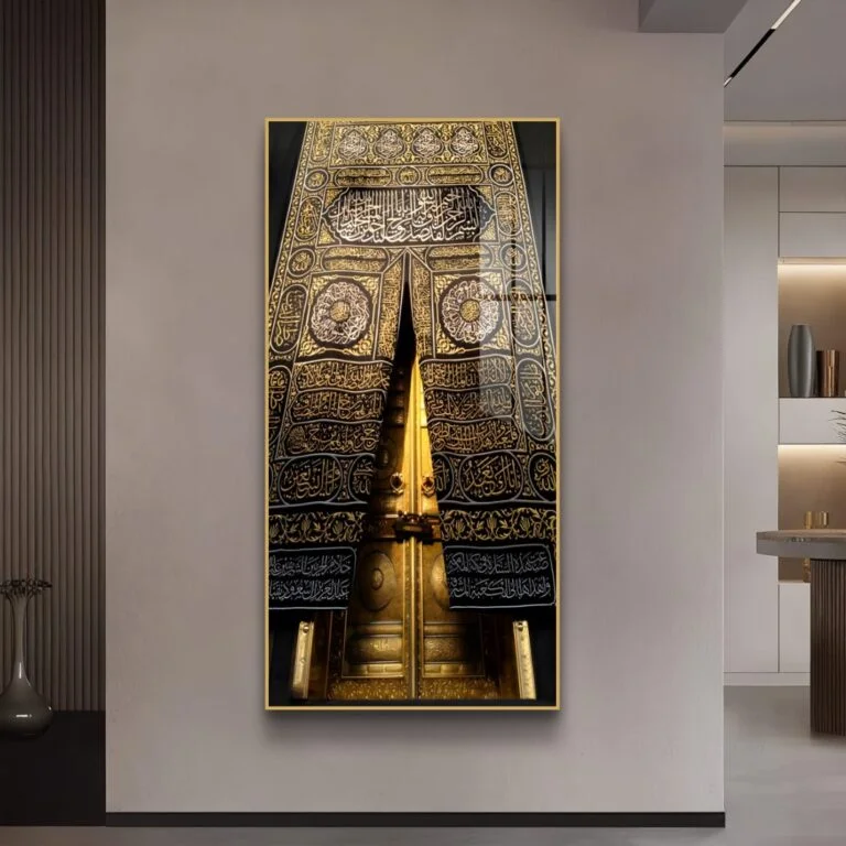 Luxury Islamic wall art featuring Kaaba with Arabic calligraphy in a modern living room.