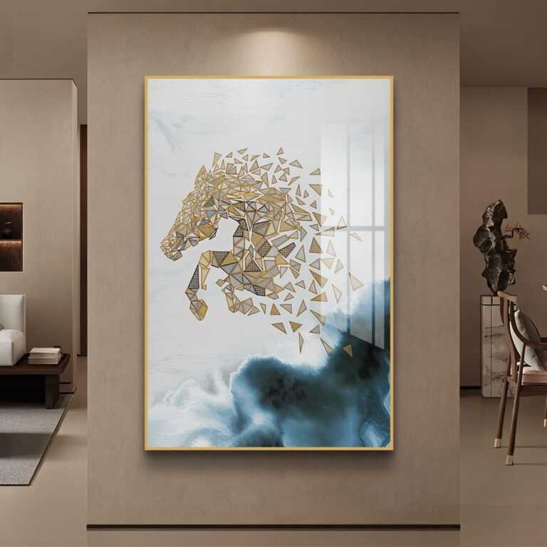 Modern geometric horse wall art with gold accents in a luxury living room.