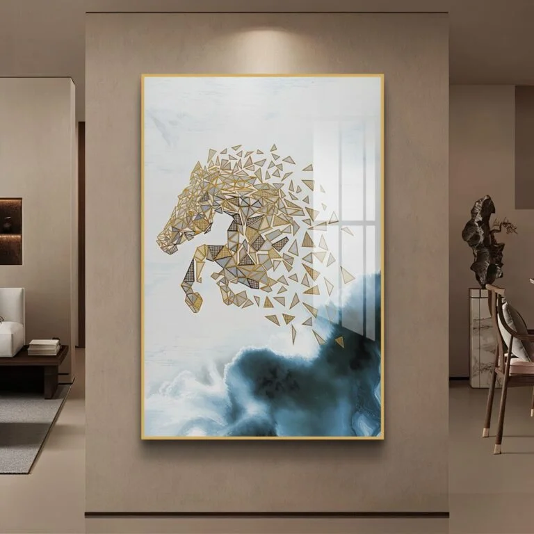 Modern geometric horse wall art with gold accents in a luxury living room.
