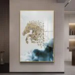 Modern geometric horse wall art with gold accents in a luxury interior setting.