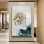Modern geometric horse wall art with gold accents in a luxury home setting.