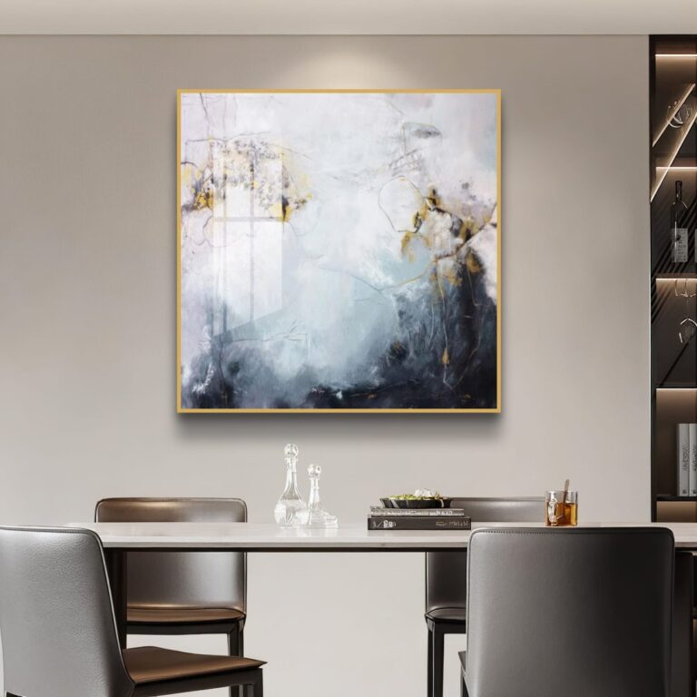 Modern abstract wall art in a dining room with elegant decor.
