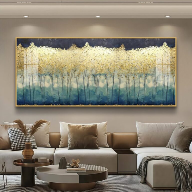 Modern luxury wall art with abstract design in a living room setting.