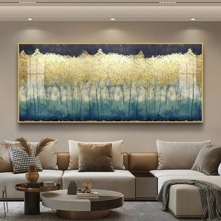 Modern luxury wall art with abstract design in a living room setting.