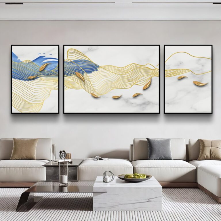 Modern luxury wall art with gold and blue abstract design in a living room setting.