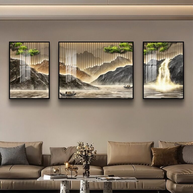 Modern framed wall art with nature scenes in a luxury living room setting.