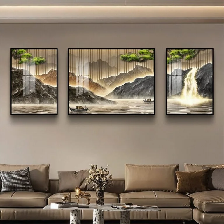 Modern framed wall art with nature scenes in a luxury living room setting.