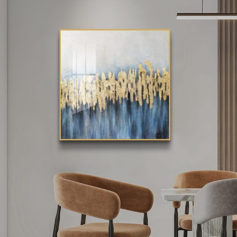 Modern luxury wall art with gold and blue abstract design in a living room setting.