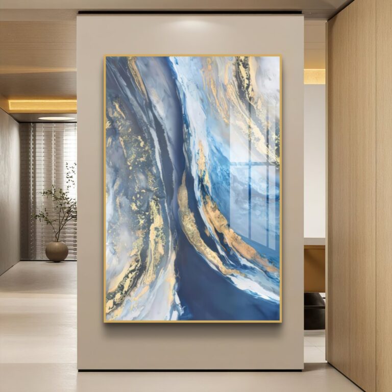 Modern luxury wall art with abstract design in blue and gold tones, framed in aluminium.