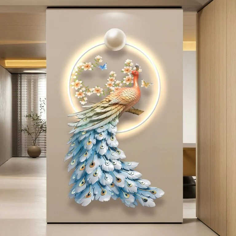 Illuminated wall art featuring a peacock with floral accents, ideal for modern luxury home decor.