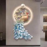 Illuminated peacock wall art with floral accents in a modern home setting.