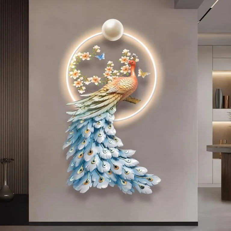 Illuminated peacock wall art with floral accents in a modern home setting.