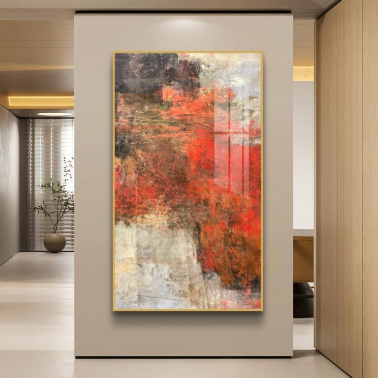 Modern abstract wall art with vibrant colors in a luxury home setting.
