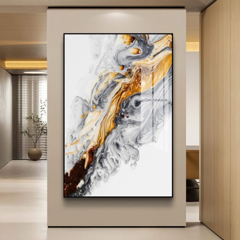 Modern abstract wall art with swirling gold and gray patterns in a sleek frame, enhancing luxury home decor.