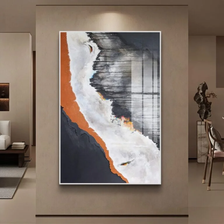 Modern abstract wall art with bold colors in a luxury home setting.