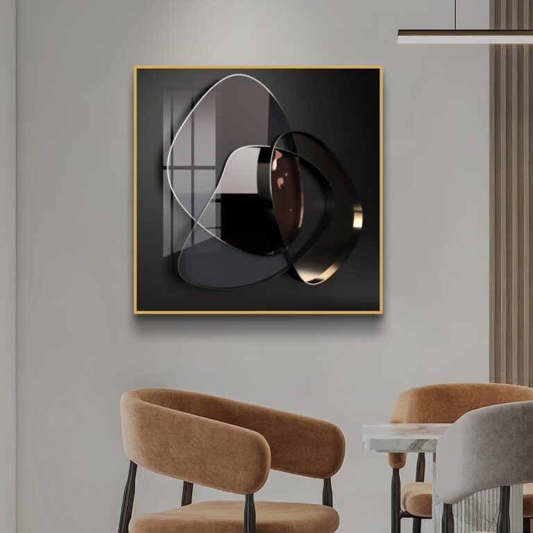 Modern abstract wall art with geometric shapes in a luxury interior setting.