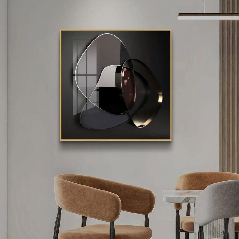 Modern abstract wall art with geometric shapes in a luxury interior setting.