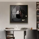 Modern luxury wall art with geometric design in a dining room setting.