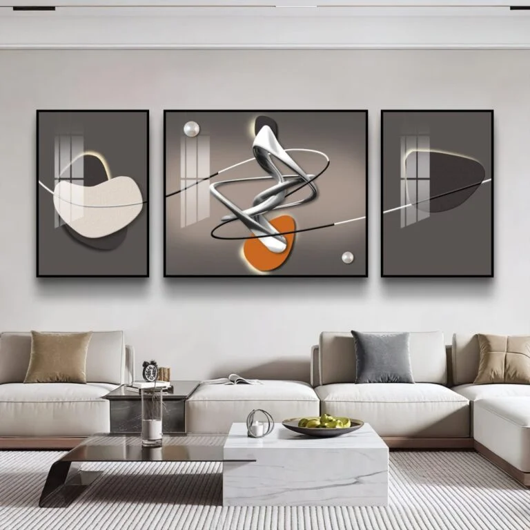 Modern living room with abstract framed wall art and contemporary decor.