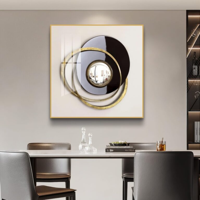 Modern luxury wall art with circular design and gold accents in a dining room setting.