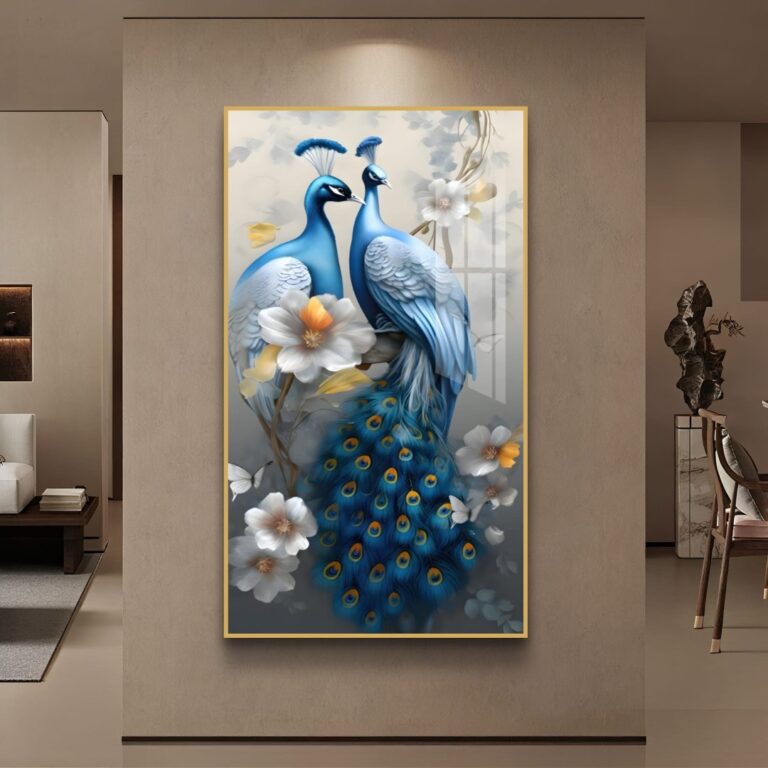 Luxury framed wall art with blue peacocks and flowers, perfect for modern home decor.