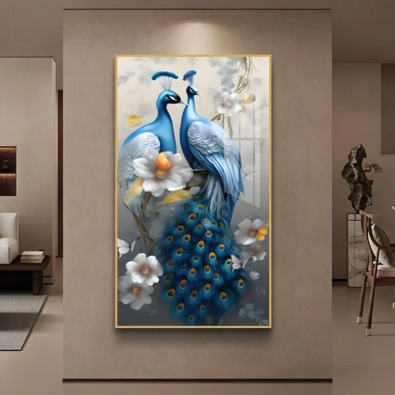 Luxury framed wall art with blue peacocks and flowers, perfect for modern home decor.