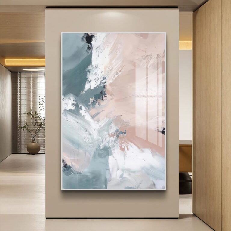 Modern abstract wall art in a luxury home interior setting.
