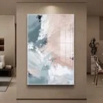 Modern abstract wall art with pastel colors in a luxury living room setting.