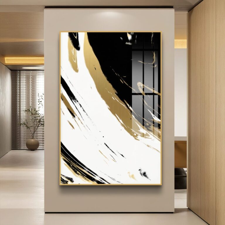 Modern abstract wall art with black, white, and gold swirls in a sleek hallway.