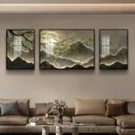 Modern framed wall art with mountain landscape in a luxury living room setting.