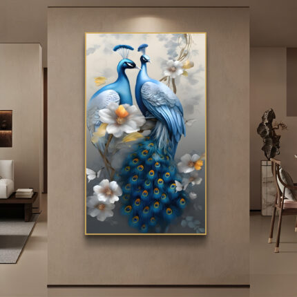 Royal Blue Peacock Elegance Luxury Nature Wall Art Print 50x100cm Crystal Porcelain With Sleek Gold Aluminium Frame