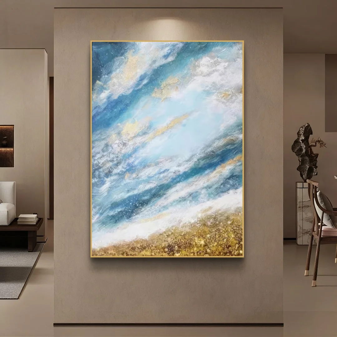 Luxury Abstract Wall Art Modern abstract wall art with blue and gold tones in a luxury living room setting.